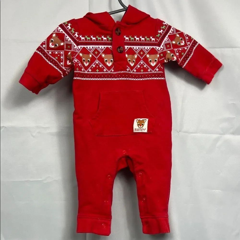 Rudolph the Red nose Reindeer hooded one piece with antlers size 3 months